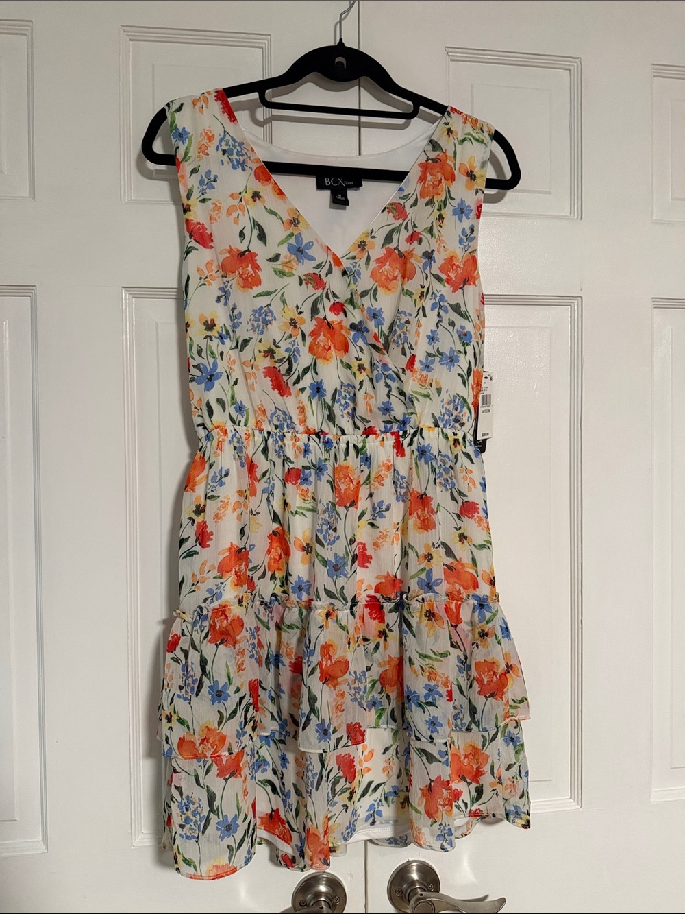BCX Cream Floral Tiered V-Neck Mini Dress with Orange and Blue Flowers